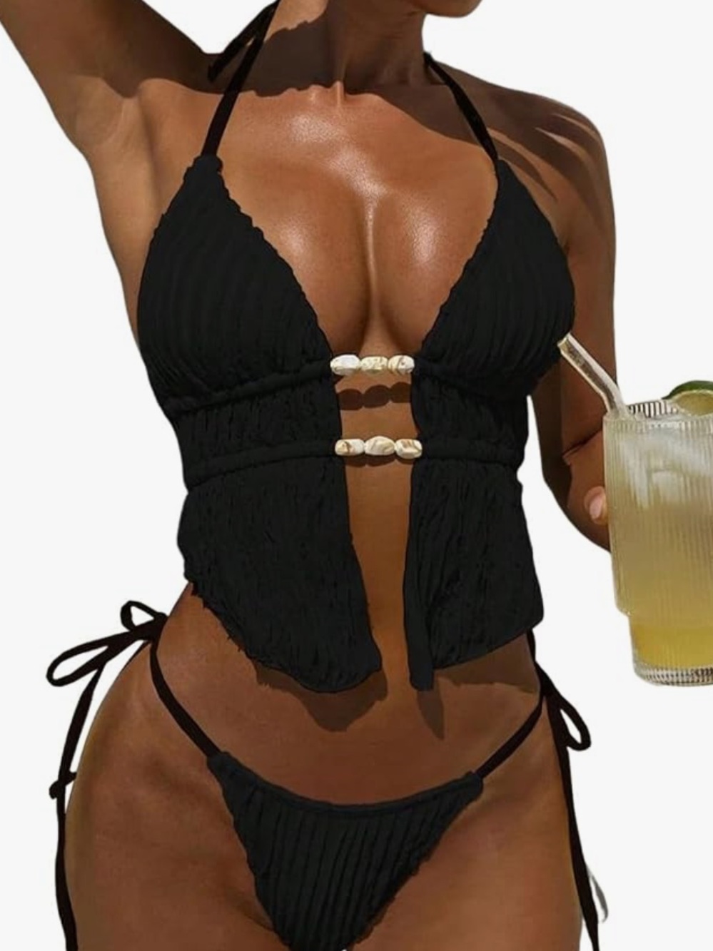 Black Crochet Shell-Detail Two-Piece Swim Set